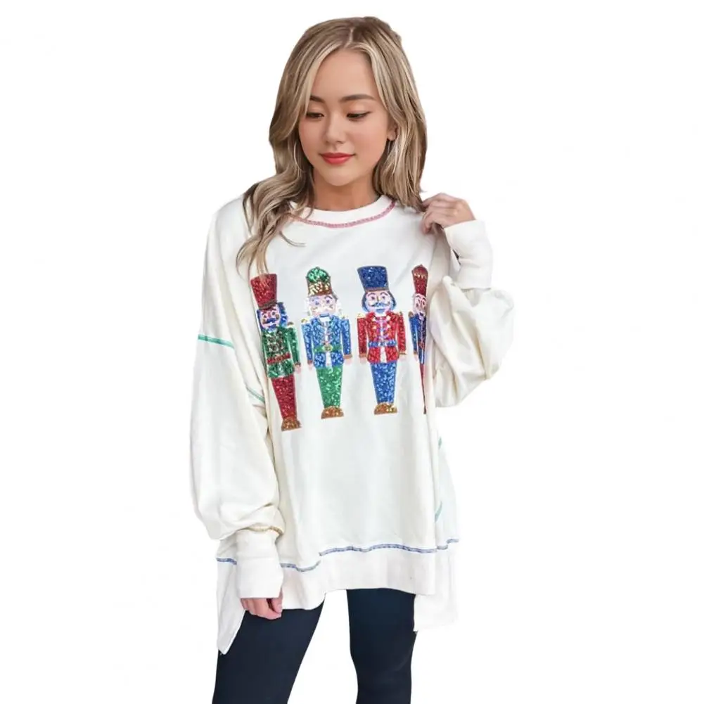

Fun Christmas Sequin Pullover Sequin Cartoon Pattern Women's Sweatshirt with Slit Hem Round Neck Christmas Style New for Women