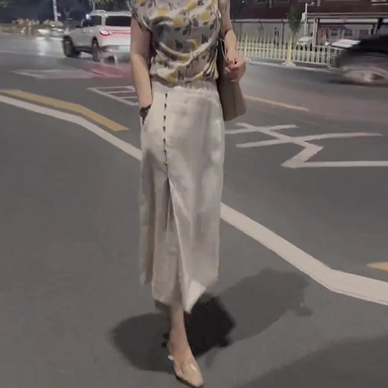 New Summer Fashion Slim Midi Skirt Women Split Single Breasted Casual High Waist Soft Elegant Skirts Solid Color Jupe