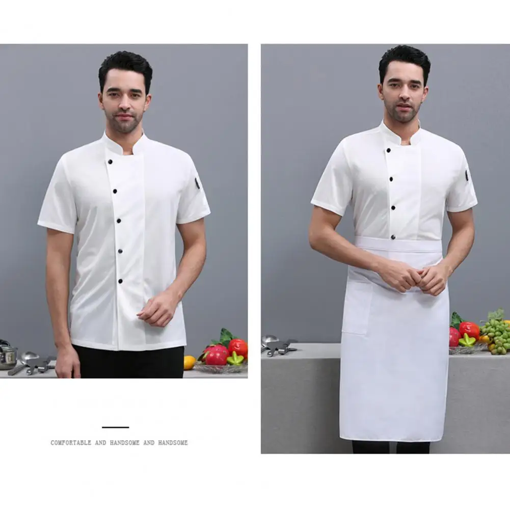 Camisa de manga corta para Chef, camisa Unisex resistente a las manchas con cuello levantado para cocina, panadería, restaurante, pantalones cortos para camareros