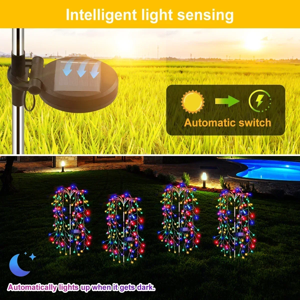 200LED RGB Solar Firework Light Outdoor Waterproof Willow Tree Firework Lights Fairy LED Garden Decoration Lawn Holiday String