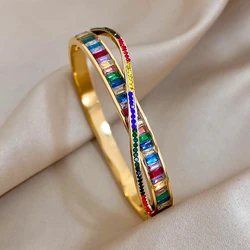 Greatera Exquisite Colorful Cubic Zirconia Rhinestone Intersect Stainless Steel Bangles Bracelets for Women Gold Plated Jewelry