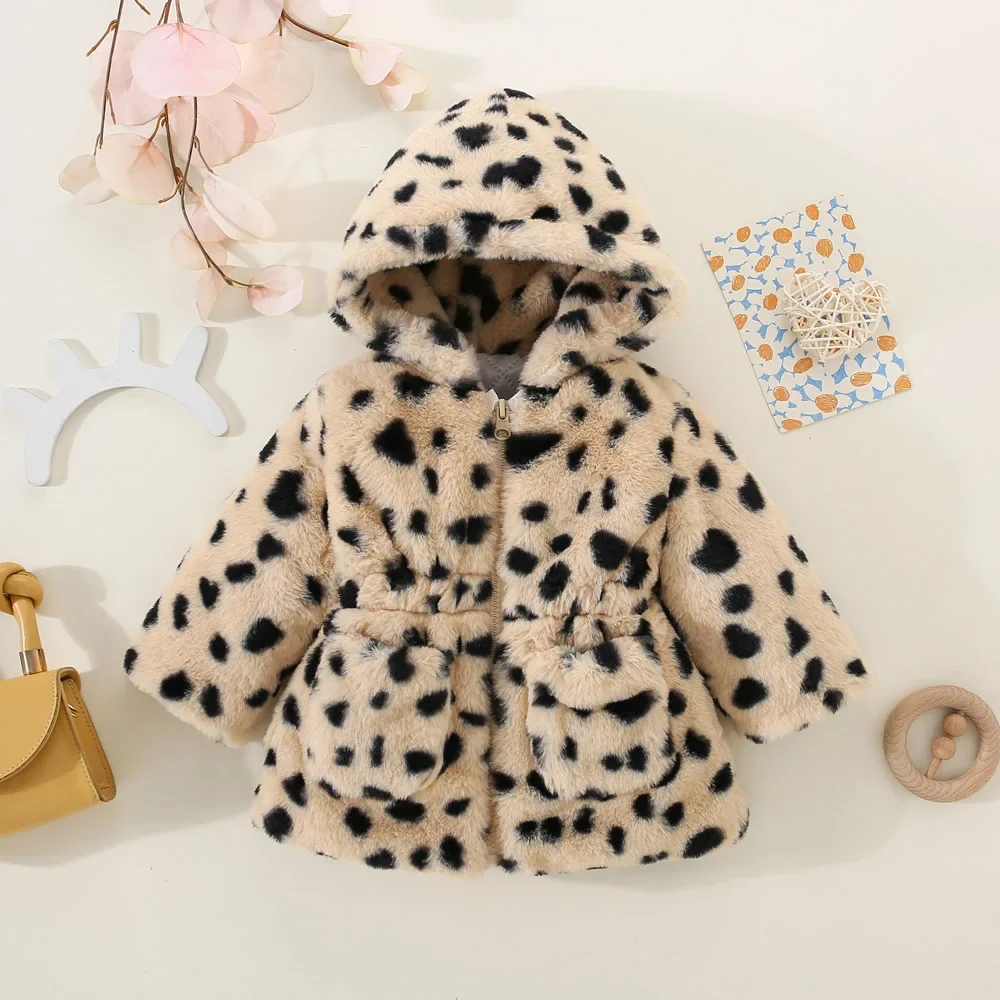 Winter Baby Girl Long Sleeve Plush Coat Hooded Fur Thickened Cotton Coat Children\'s Warm Fashion Leopard Print Baby Clothing