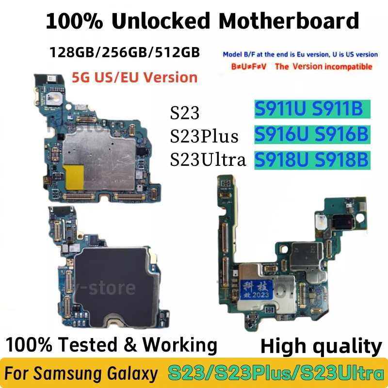 Working Unlocked Motherboard for Samsung Galaxy 5G S23 Plus S916B S916U S911U S911B S23 Ultra S918U S918B Logic Board Full Chips