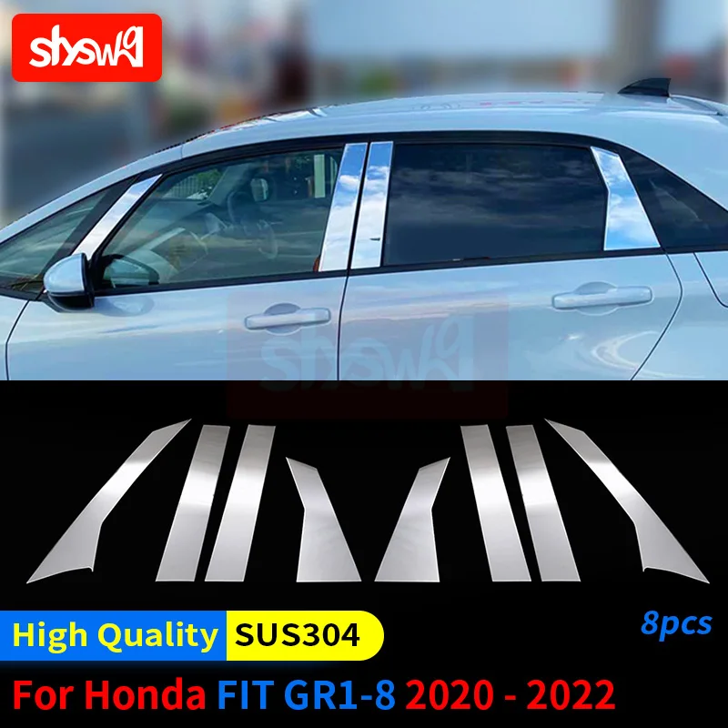 Fit For Honda 2021 FIT GR1-8 Window Pillar Cover Trim Garnish SUS304 Accessories B+C Pillar 8PCS Silver Glitter External Styling