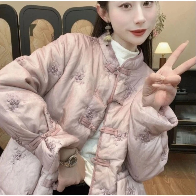 

Новая женская куртка на хлопковой подкладке с вышивкой в китайском стиле, зимняя очаровательная утолщенная теплая куртка на пуговицах в китайском стиле