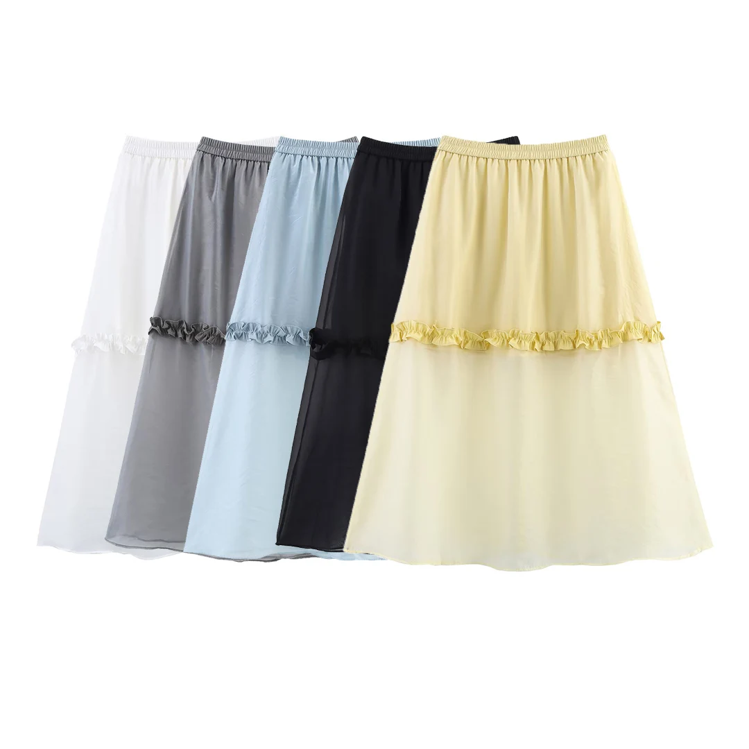 

Korejepo New Women Clothing European American Style Fashionable Glass Yarn Transparent Fungus Edge Elastic Waist Skirt