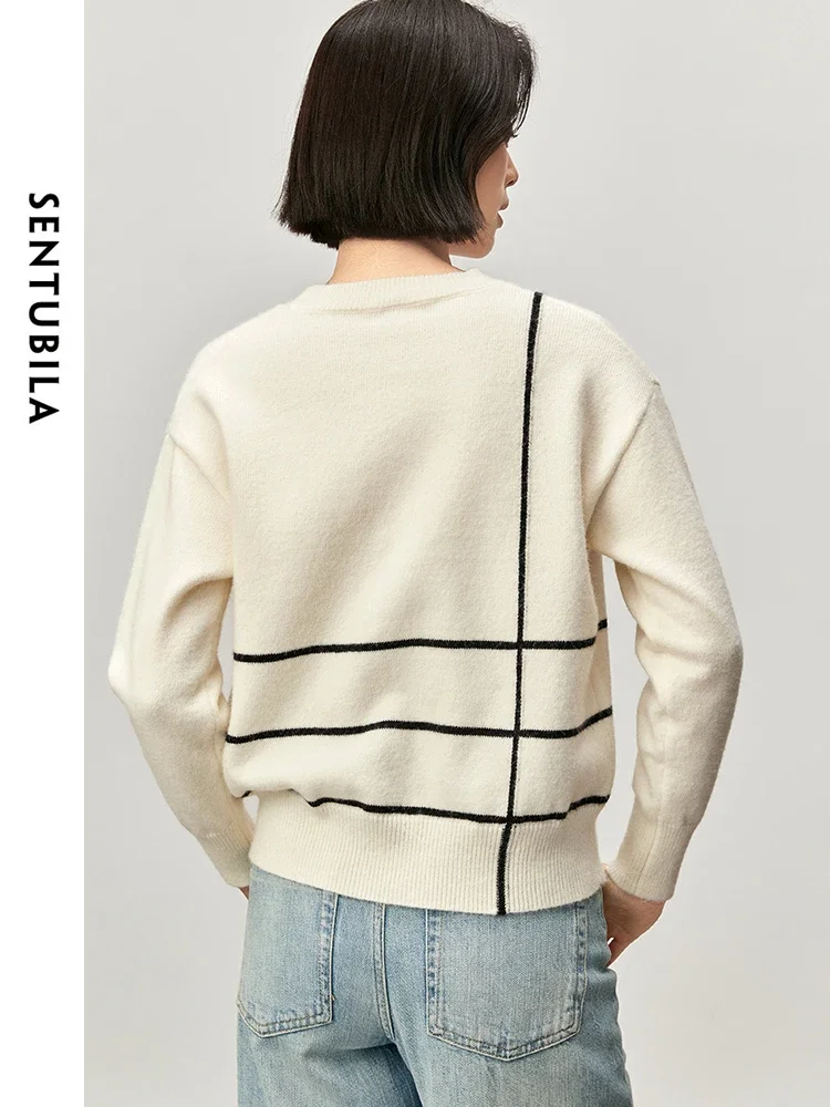 SENTUBILA Women Striped Knitted Pullovers  2024 Autumn Casual Crew Neck Lonf Sleeve Comt Tops  Clothing W43E56350