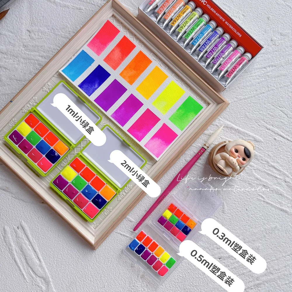 

Holbein artist transparent watercolor 12 colors 5ml/15ml fluorescent color set 1ml/2ml nail art packaging beginner art supplies