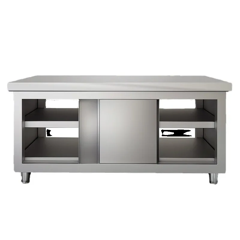 Stainless Steel Workbench, Commercial Kitchen With Sliding Door, Vegetable Cutting Operation, Loading Table, Storage Table