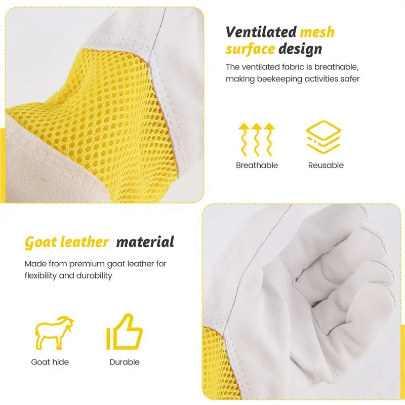 PZHI Beekeeping Gloves Beekeeping Tools White Leather Golden Yellow Mesh Short Mesh Breathable Gloves Bee Protection Tools