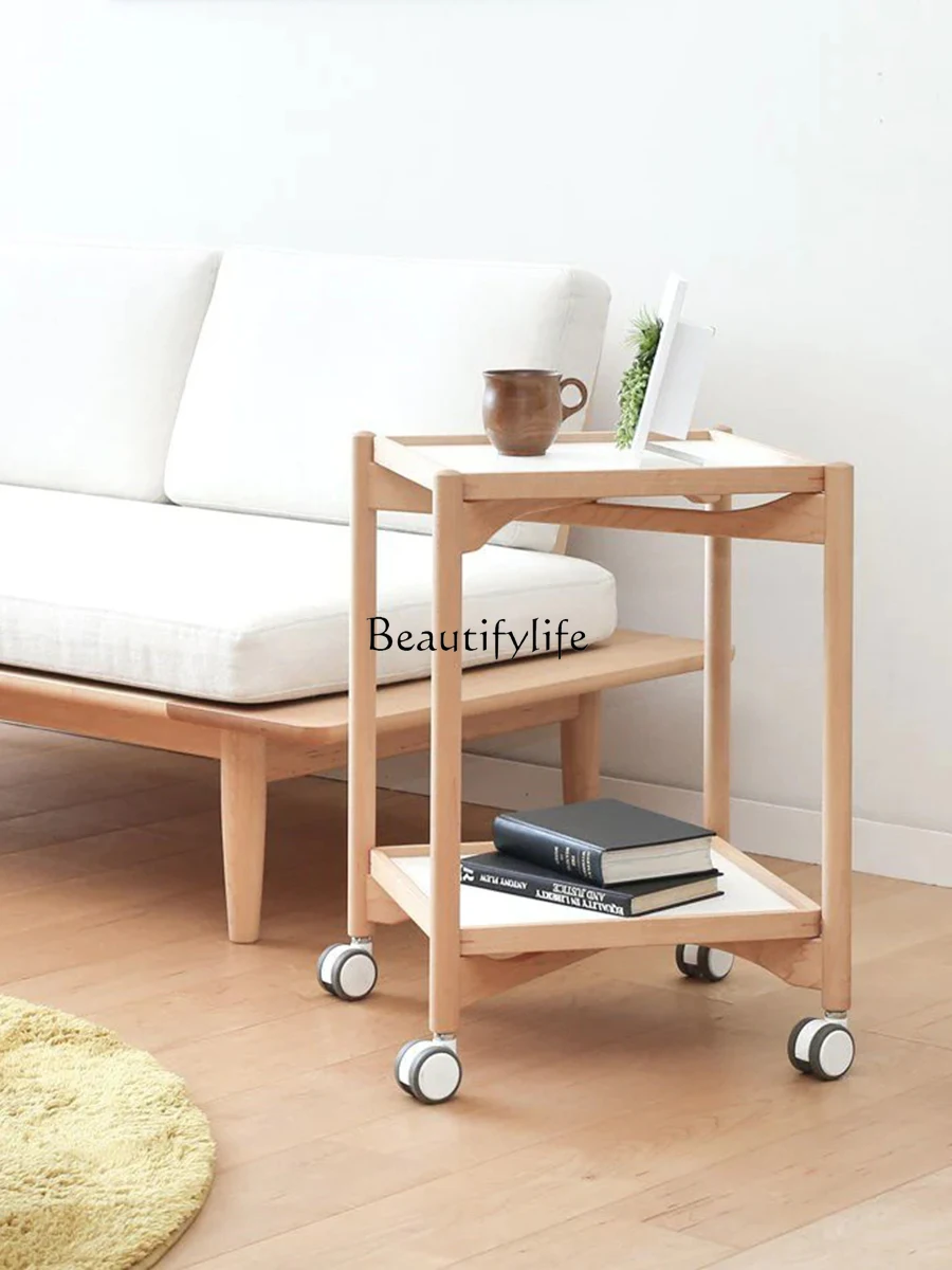 Japanese-style movable folding solid wood sofa side few with wheels log double-layer storage small coffee table