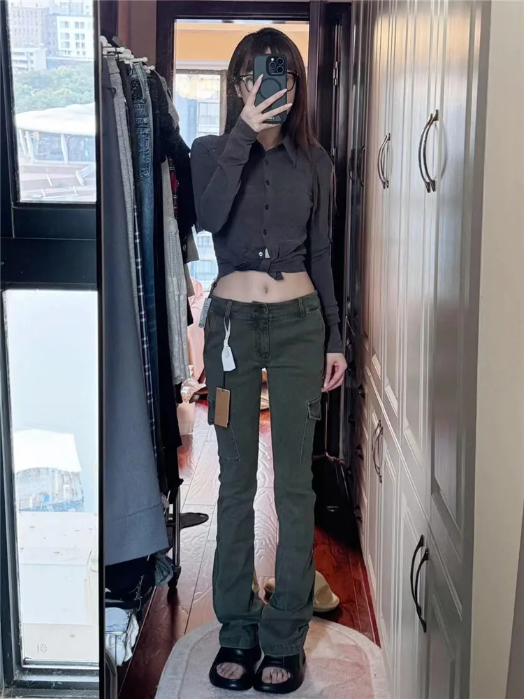 Military Green Workwear Jeans Women's Low Waist Bell Bottom Extended Length Floor Sweeping Pants Slimming Tight Fit Spring Au...