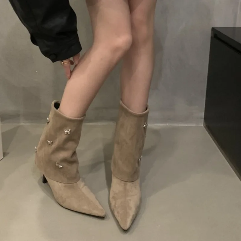 

Temperament Butterfly Studded Stiletto Booties2025Fall New Pointed Toe Sleeve Anti-Slip Wear-Resistant High Heels