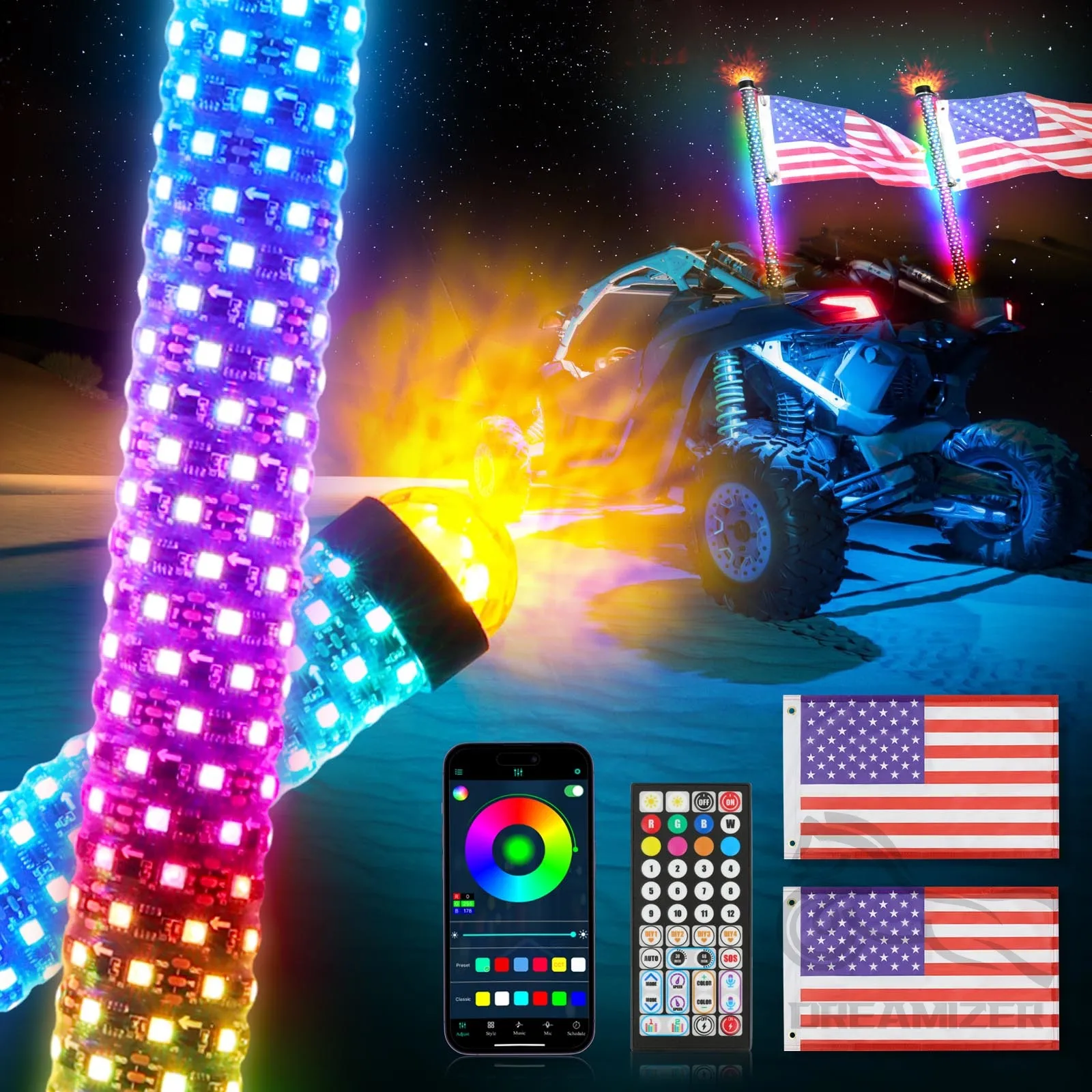 

2PCS 2FT Fat Whip With Warning Lights Antenna Spiral Chase Offroad Warning Fatty LED Whip Light for RZR Can Am Polaris UTV ATV