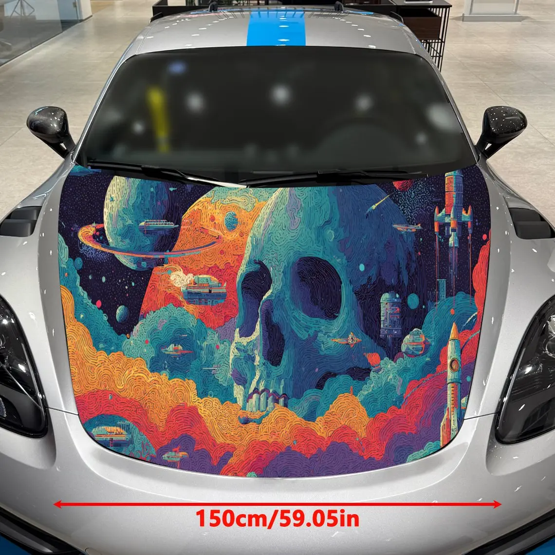 Cosmic Skull Car Hood Sticker, Space - Themed Car Hood Graphic with Rockets and Planets, Auto Cover Sticker, Waterproof and Self