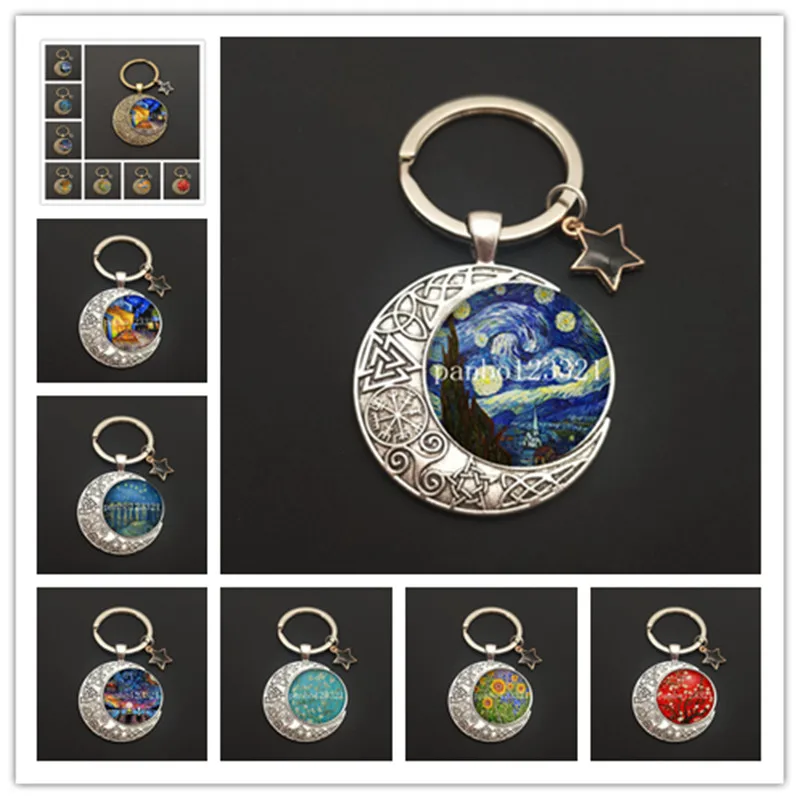 Van Gogh Art Master Oil Painting Keychain Art Glass Cabochon Jewelry Starry Night Sky Sunflower Pendant Ladies Lover Girl Gift