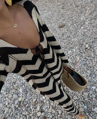 Imagen 2 del producto DSMTRC-Vestido largo de punto para mujer, prenda ajustada de manga larga con rayas, cuello en V, con cordones, Sexy, para playa, otoño