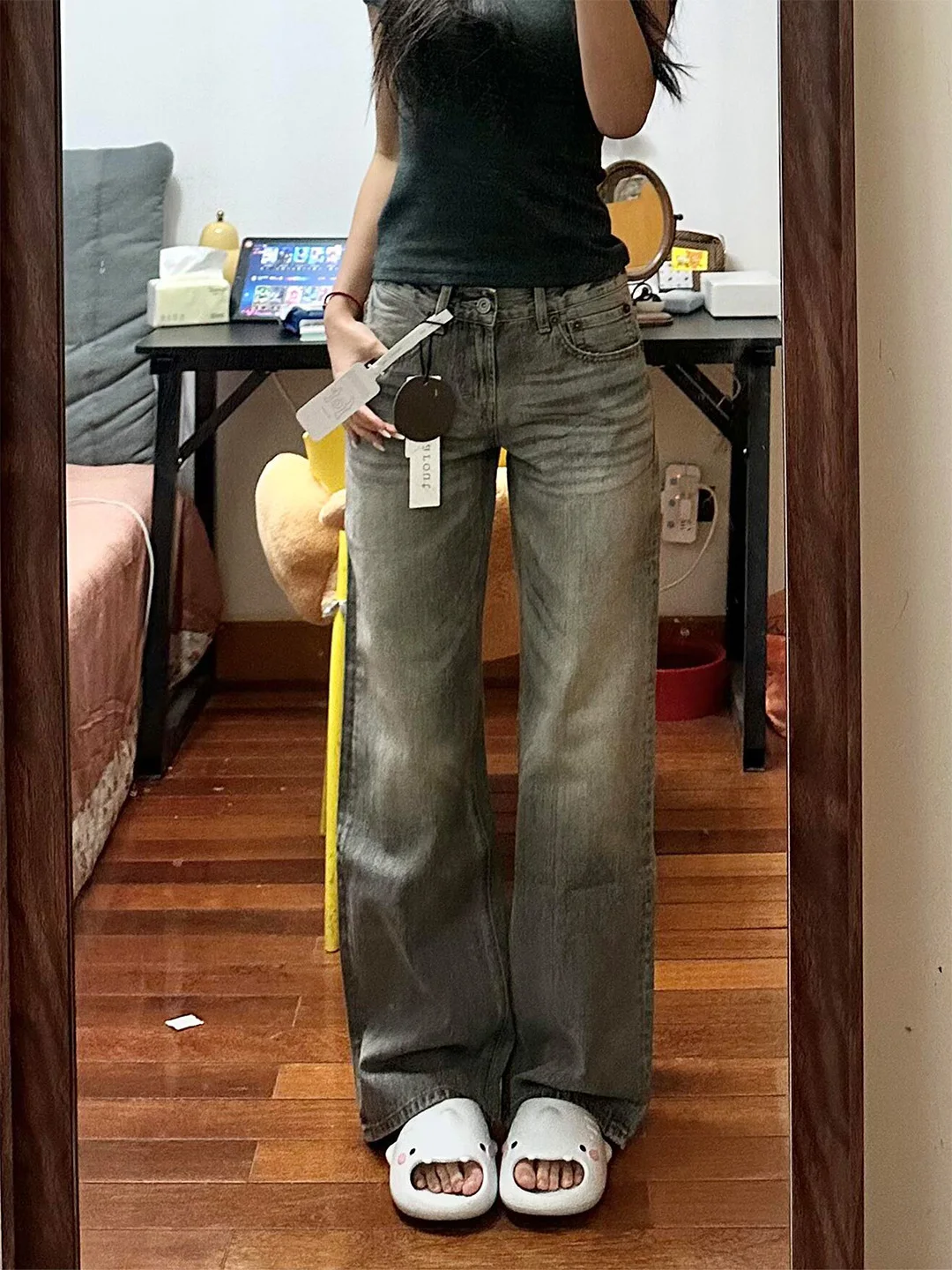 

Low Waist Grey Denim Jeans Women's Washed Loose Wide Leg Pants American Style Spring Summer Casual Straight Fit Jeans