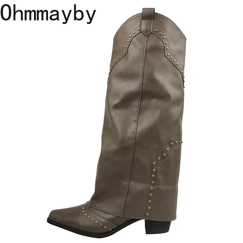 Autumn Winter Women Knee-High Boots Retro Style Western Knight Booties Pointed Toe Square Heels Female Shoes