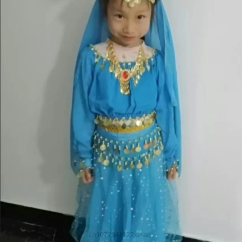 Traje de performance de dança indiana infantil, fantasia de performance de dança do ventre adulto, conjunto de mangas compridas para dança étnica de meninas