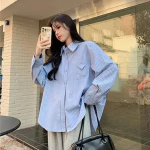 Asymmetrical Oversized Shirt/Casual 2024 Striped Top/Long Sleeved Cotton Shirt/Loose Shirt/Blue Casual Shirt/Extravagant Shirt/Cape Blouse/F2106