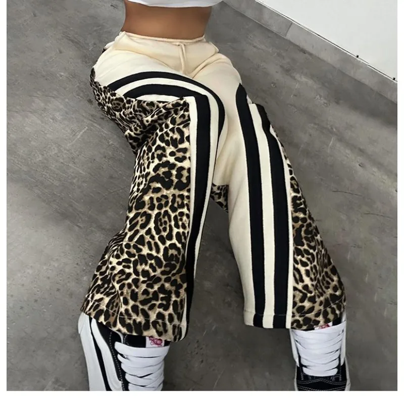 

European American High Street Leopard Print Splicing Cool Pull Hip Hop Style Trend Lace-up Elastic Waist Versatile Casual Pants