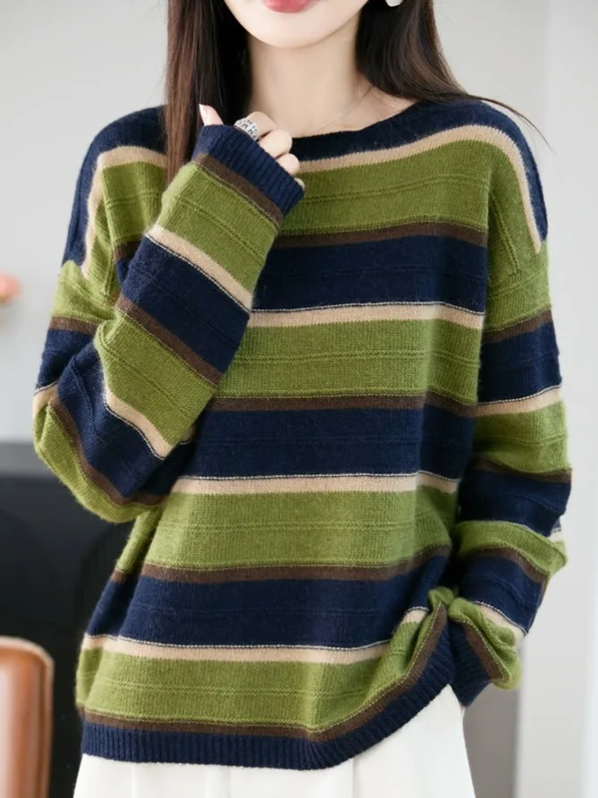 

Retro Thiened Long Sve Knitted Sweater Striped Base Layer irt Soft Wool Blend Women's Daily Wear round Ne Warmth Emi...