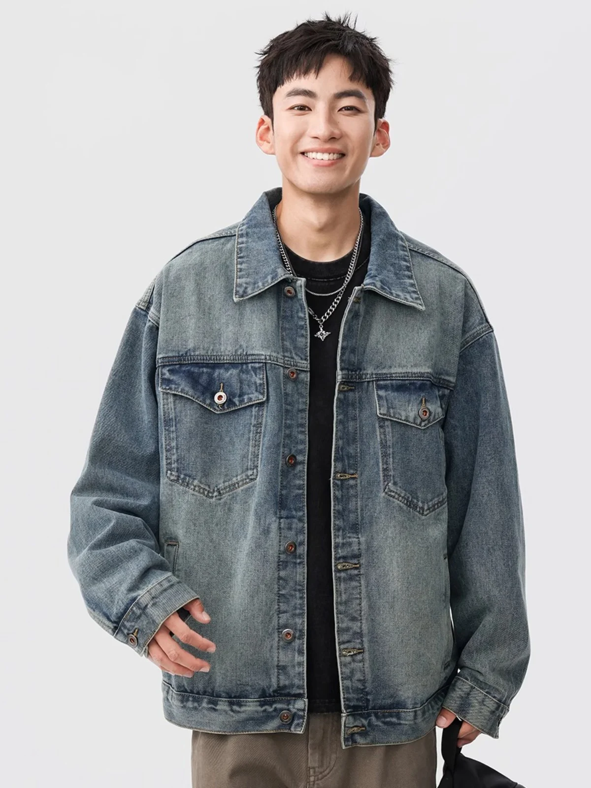 

Мужская джинсовая куртка в стиле ретро в американском стиле, рабочая одежда, модная городская повседневная длинная куртка с воротником свека, повседневная одежда