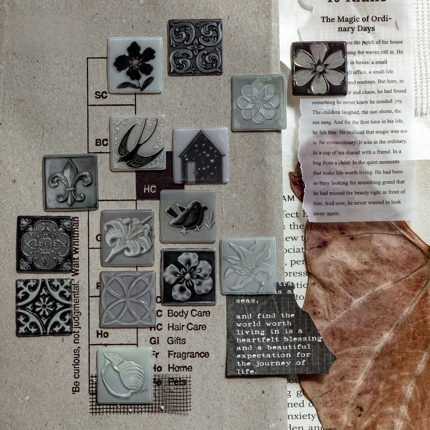 Vintage Flower Tile Relief Landscape Epoxy Sticker Creative DIY Journal Material Collage Scrapbooking Stationery