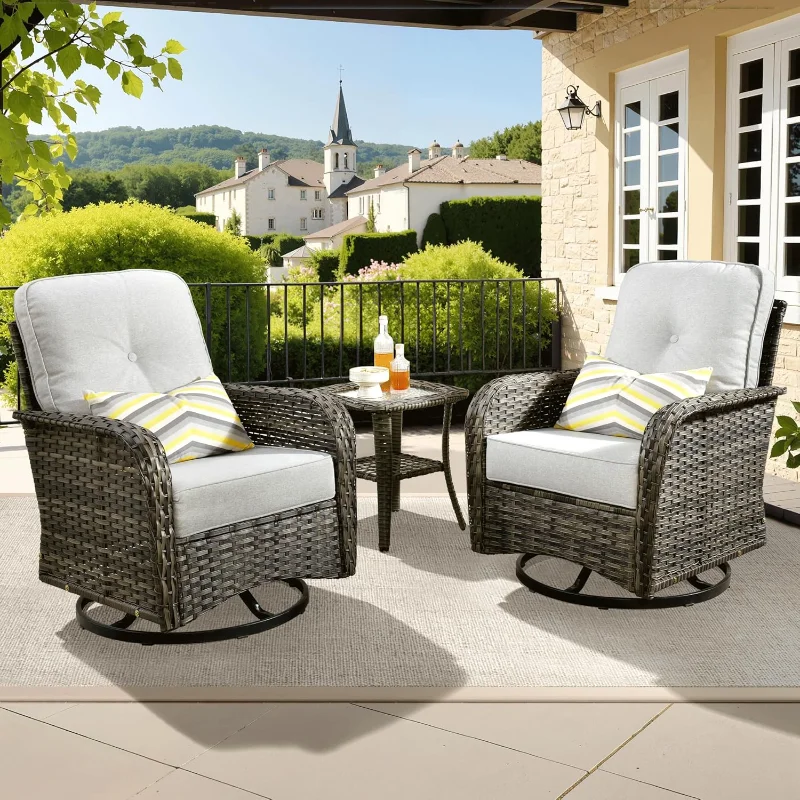 

ovios 3 Pieces Patio Furniture Set, Outdoor Rocking Chairs of 2, Wicker Swivel Glider Chairs with Side Table Thick Cushions