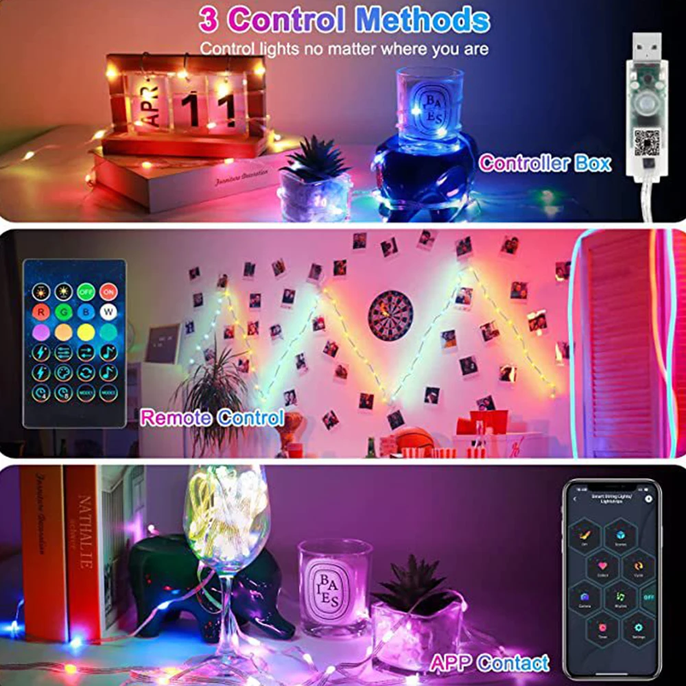 Smart Fairy String Lights RGB Color Changing App Control Dimmable LED Christmas Tree Light Indoor Decoration Ambient Lighting