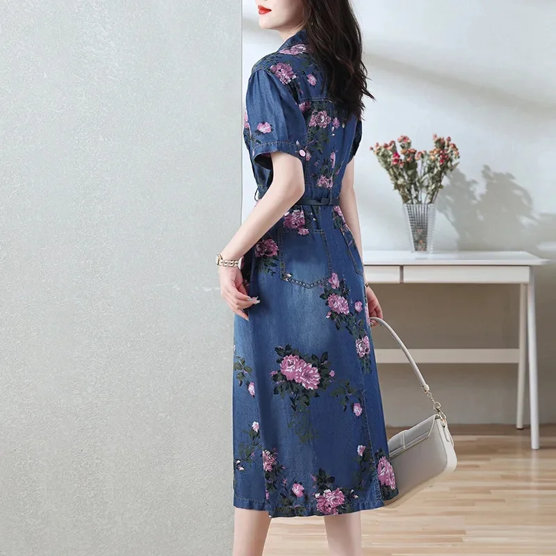 Denim Dress Mid Length Women's 2024 Summer Short Sleeves Thin Print Waist Wrapped Pop Street Vintage Shirt Skirt Trend