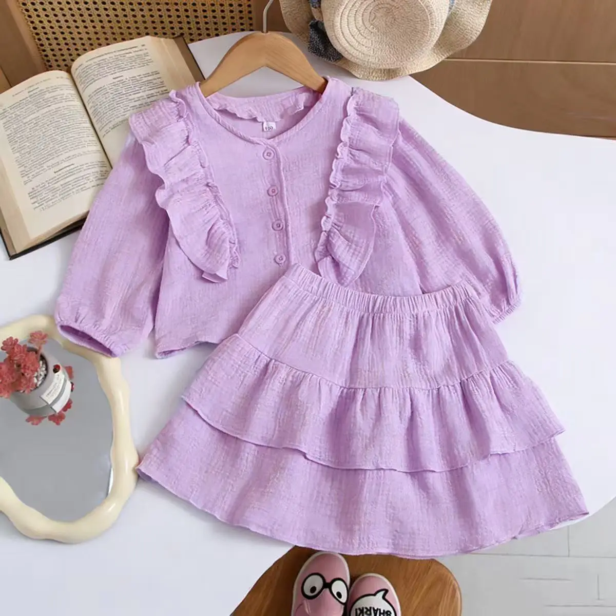 2026 Trendy Russian Style Girls 2Pcs Outfit Spring Autumn Cotton Flutter Sleeve Shirt Ruffle Hem Skirt British Style 2 Piece Set