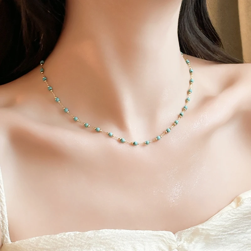Retro Grüne Perle Gold Farbe Kette Schlüsselbein Kette 2025, Neue Mode-Design Schmuck Für Sommer frauen Sexy Halskette Zubehör – Detail 8
