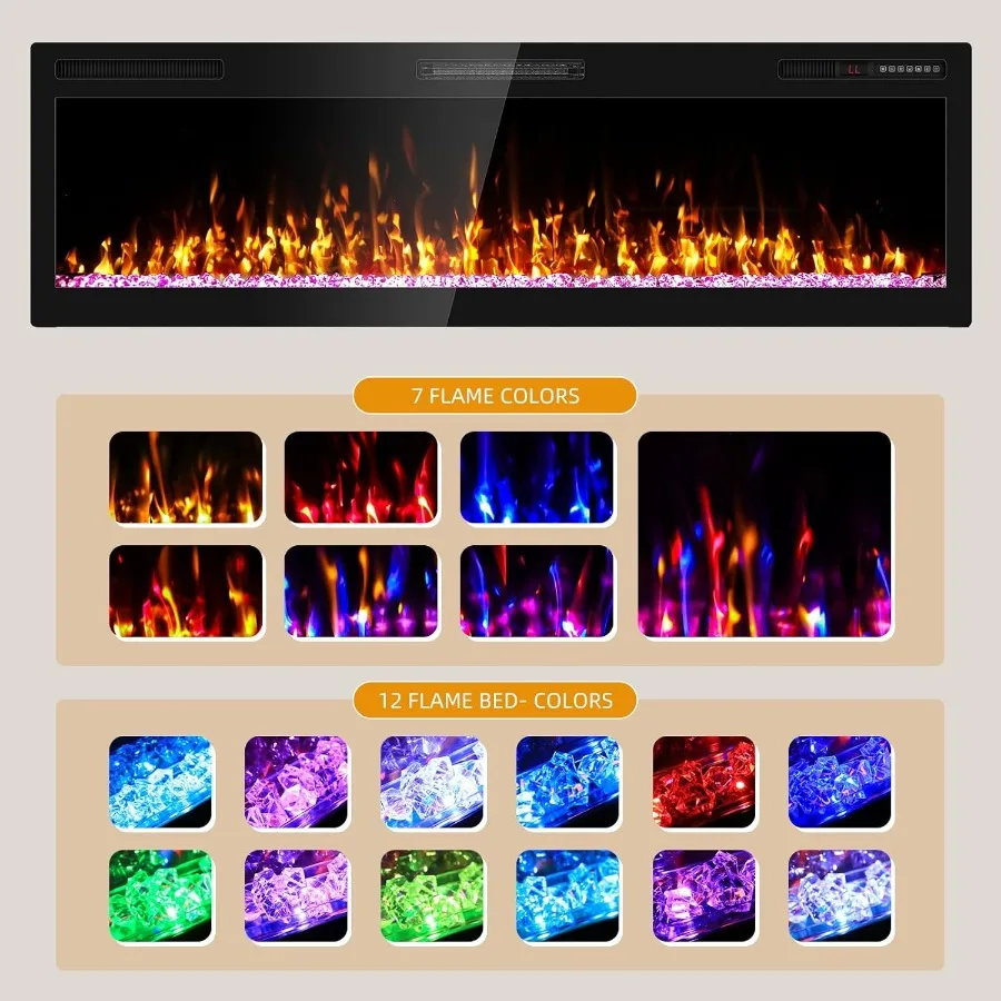 مدفأة كهربائية مقاس 60 بوصة مثبتة على الحائط ومستغرة مع جهاز تحكم عن بعد، تأثير لهب واقعي قابل للتعديل مع متعة مؤقت