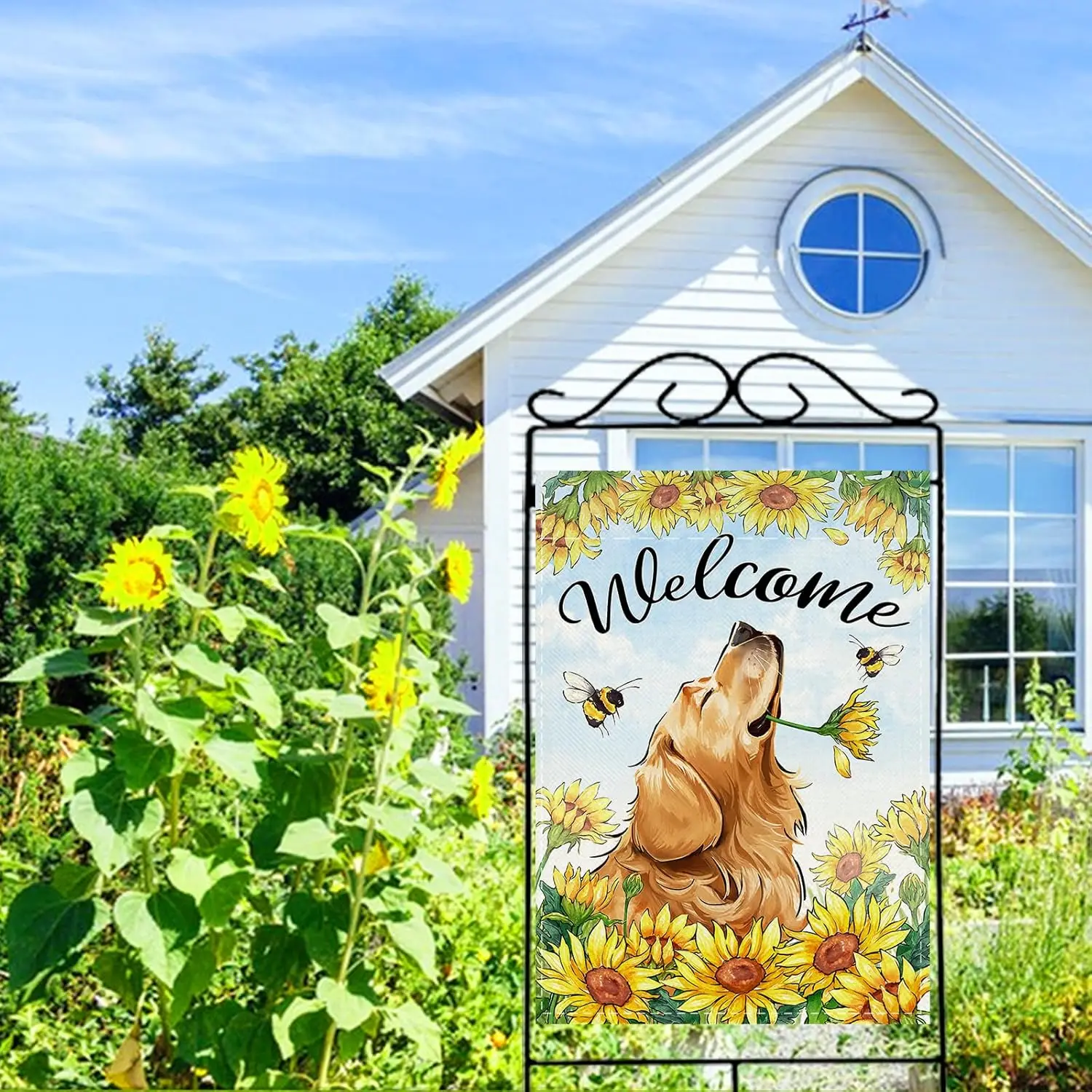 Welcome Spring Summer Golden Retriever Dog Decorative House Flag, Sunflowers Bee Garden Yard Outside Decorations Pet Lover G EEZ