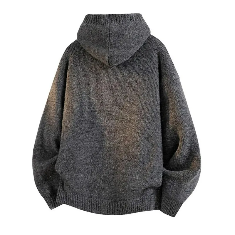 KIDWHXR Kapuzenpullover für Herren, Herbst, locker geschnitten, einfarbig, einreihig, gestrickter Mantel, einfacher Langarm-Cardigan mit Taschen, lässiger Herrenpullover. – Detail 3