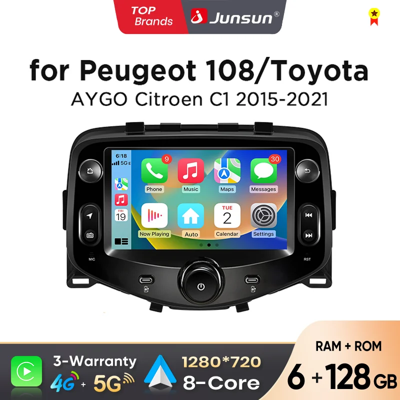 Autoradio Junsun 7' con CarPlay Wireless e Android Auto per Toyota Aygo, Peugeot 108 2014 - 2021, Citroen C1, sistema multimediale intelligente con Apple CarPlay wireless, schermo IPS touch, lettore