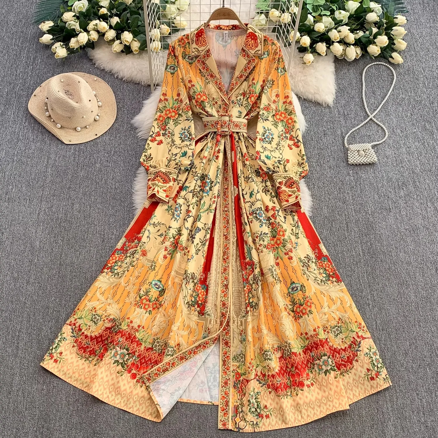 2025 Autumn Gorgeous Flower Holiday Boho Dress Women's V-Neck Long Sleeve Floral Print High Waist Belt Pleated Maxi Vestido