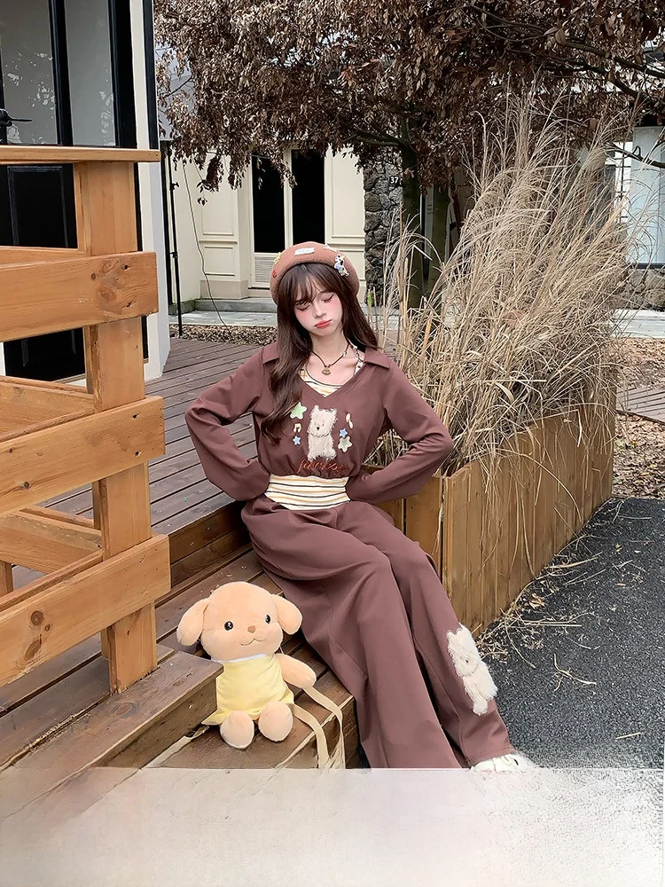 

Casual Sweet Style Women's Sweatshirt Set Autumn Long Pants Two-Piece Suit Embroidered Wide Leg Long Pants Fake Two-Piece