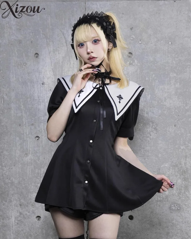 

2025 Japanese Gothic Dresses 2-Piece Set Harajuku Cross Lace Trim Patchwork Short Sleeve A-Line Dress Shorts Sailor Collar