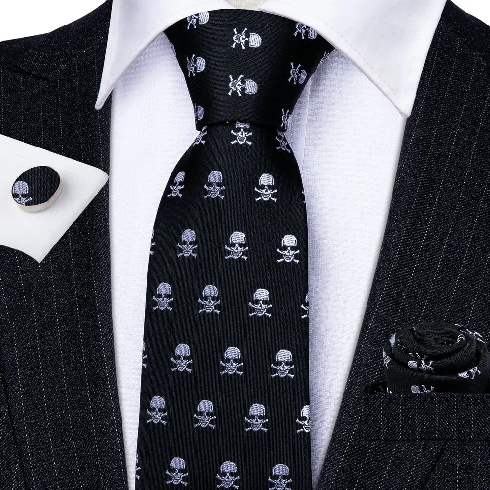 Black Skull Pattern Men Tie High Quality Silk Woven Pocket Square Cufflinks Sets Business Party Gifts Barry.Wang Designer 5326