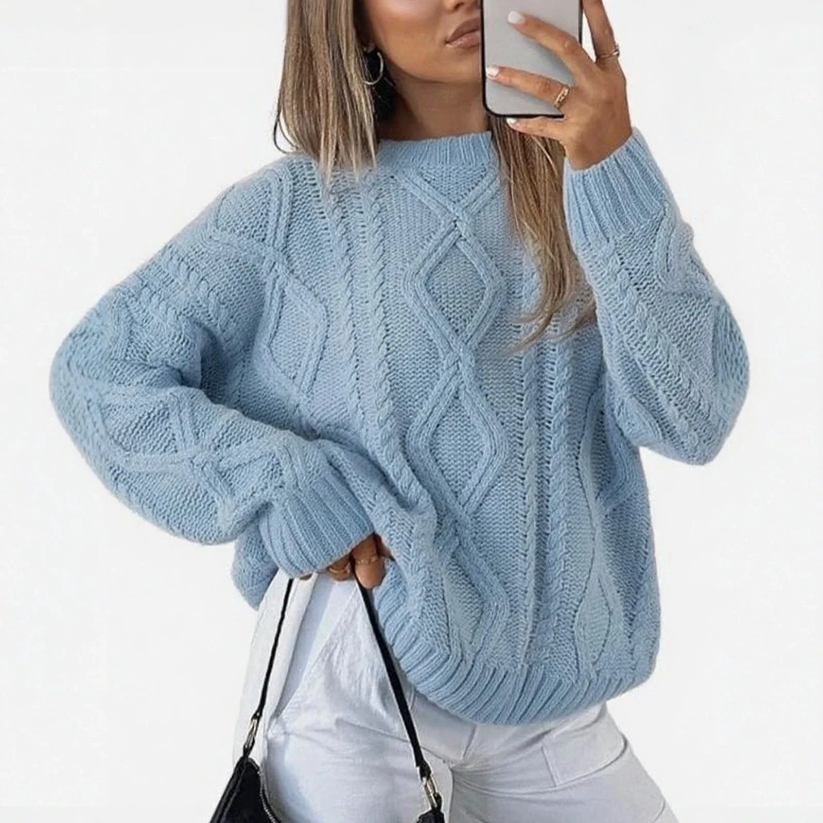 Y2K Streetwear Women Cable Knit Sweater Casual Crewneck Oversized Loose Long Sleeve Jumper Autumn Winter 2026 New Minimalist 3