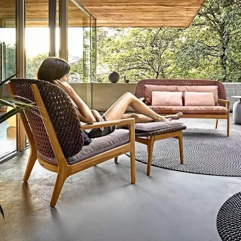Outdoor Teak Rattan Sofa Chair Nordic Solid Wood Single Double Seat Rocking Chair Furniture for Hotel Villa Resort Garden