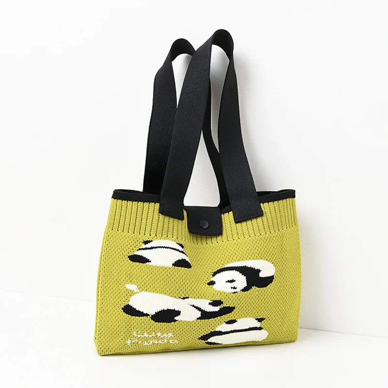 Fashion Cute Panda Pattern Knitted Shopping Bag Large Student Shoulder Bag Tote Bags Handmade Crochet Large Capacity Handbag