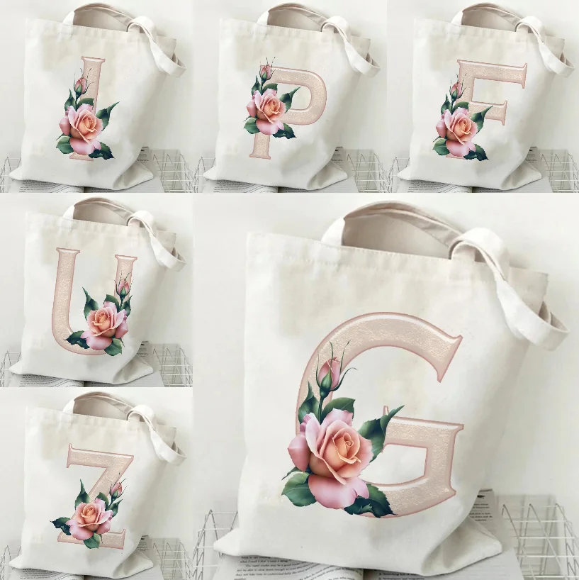 

Women's Canvas Casual Tote Bag, Fashionable A-Z 26 Letter Floral Print Eco-friendly Shopping Bag, Large Capacity Shoulder Bag