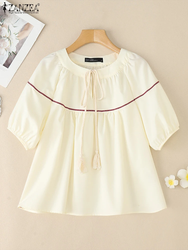 

ZANZEA Woman Paneled Blusas Mujer Half Puff Sleeve Casual Day Wear Lace-Up O-Neck Blouses Fashion 2025 Summer Loose Tunic Tops