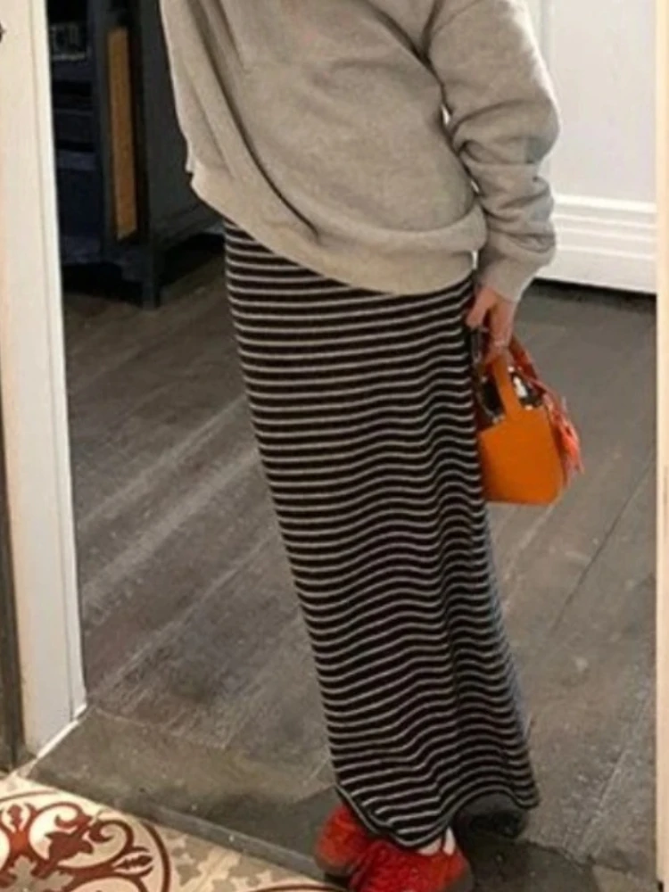 

Deeptown Japanese Style Knitted Striped Skirts Women Vintage Harajuku Elegant Long Skirt Y2k Gothic Retro Streetwear Midi Skirt