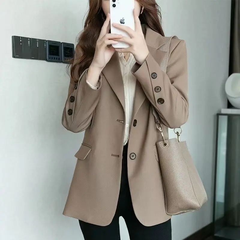 

Sping Autumn New Blazers Coats Women Solid Notched Button Korean Fashion Temperament Long Sleeve Loose Mid-length Cardigan Tops