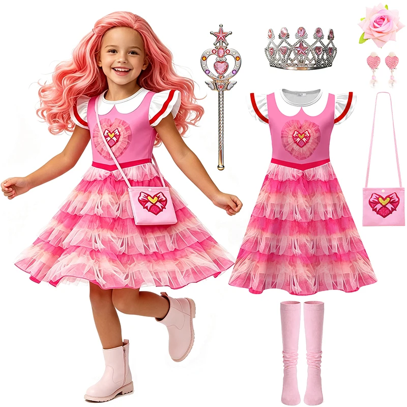 New Pink Heart Princess Dress for Girls Halloween Cosplay Descendants Masquerade Children's Costume Christmas Party Kids Clothes